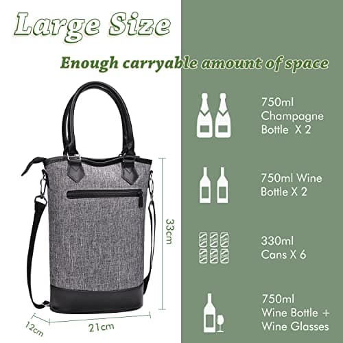 Kato Tirrinia Wine Cooler Bag, 2 Bottle Insulated Wine Carrier Tote with Adjustable Shoulder Strap + Free Corkscrew, Picnic, Camping and Beach, Great Wine Lover Gift — view 5
