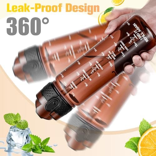 GOPPUS 500ml/17oz Kids Water Bottles with Straw Tritan Childrens Bottle with Flip Top Lid BPA Free Measured Drinks Bottle with Strap Sports Reusable Time Markings Leakproof (Transparent Brown) — view 5