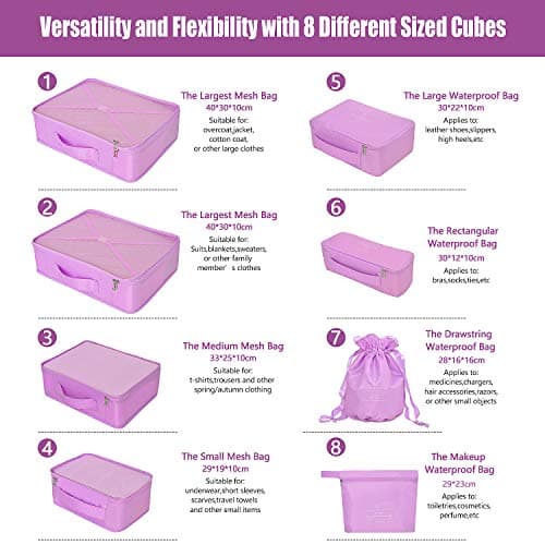 BETLLEMORY Packing Cubes 8 Sets Travel Luggage Organizers with Waterproof Shoe Storage Bag Compression Pouches(Purple) — view 3