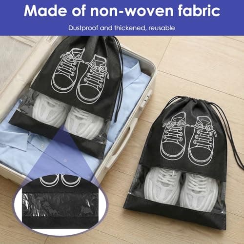 MENIBBLER 10Pcs Shoe Bags Travel Shoe Bag with Semi Transparent Window, Portable Dustproof Walking Boot Bags for Men and Women Reusable Drawstring Shoes Pouch for Packing in Luggage(Black) — view 5