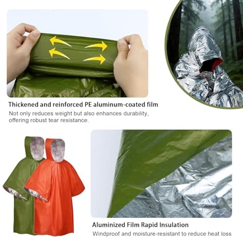 BaBahuanhuan Emergency Survival Poncho (4pc) Thermal Mylar Foil Coating Blanket for Heat Retention and Rain | Reversible with Hood | Waterproof, Windproof, Portable, Hands-free (Orange, Green) — view 5