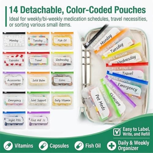 A8 Waterproof Pill Organiser Pouch Set with 14 Color Pill Pouches, Large Weekly Travel Pill Pouch Organizer, 7–14 Day Portable Reusable Medicine Storage Binder Design Zippered Pill Storage (Green) — view 3