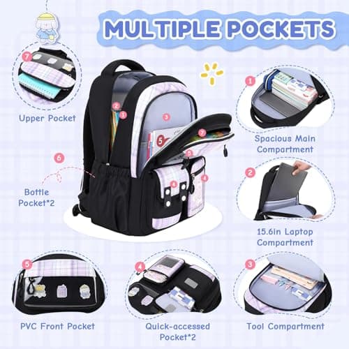 QIXIHU Girls School Backpack, Cute Kawaii Kids Rucksack for Primary School Students, Water Resistant Bookbag with Cartoon Pins & Pom Pom, Travel Bag with Luggage Strap — view 5