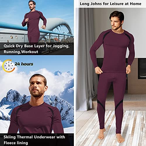 Muezna Men’s Long Johns Thermal Underwear Set, Top and Bottom Underwear Base Layer Soft Fleece Lined Burgundy — view 5