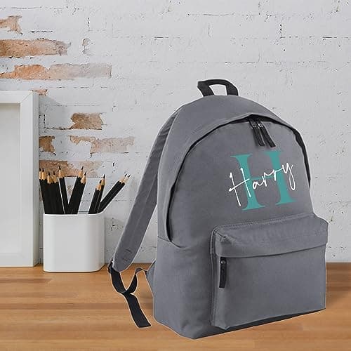 Print Maniacs Personalised Any Name Large 18L Kids Travel Backpack Junior Shoulder Collage Rucksack School Lunch Swimming P.E Laptop Book Bag (Grey, Teal/White) — view 6