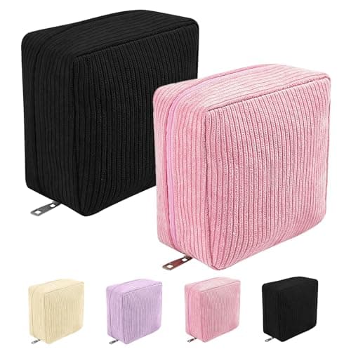 Period Bag, Corduroy Sanitary Napkin Storage Bag, Sanitary Napkin Portable Bag, Period Starter Kit for Young Girls, School Office Storage Sanitary Products (Black+Pink)