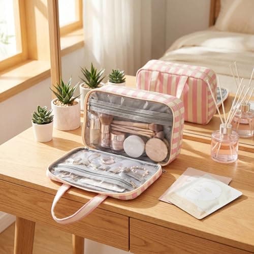 Travel Hanging Toiletry Wash Bag, Stripe Travel Makeup Bag with Hook, Large Wash Bag for Women, Toiletries Organizer for Holiday Essentials, Foldable Cosmetic Case for Travel — view 6