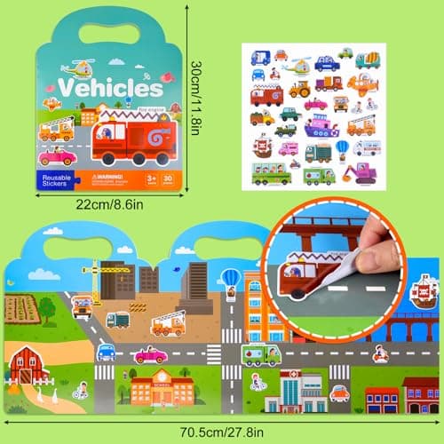NEBURORA Reusable Puffy Sticker Book for Kids - 88 Pcs Waterproof Vehicle Scenes, Vibrant Colorful Travel and Educational Sensory Learning Toy Busy Book — view 2