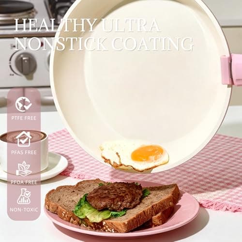 COICUR Ceramic Cookware Set Non Stick 8Pcs Pots and Pans Set Removable Handle Induction Kitchen Cookware Set with Frying Pans Oven Safe, Light Pink — view 3