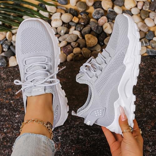 Women’s Lightweight Walking Shoes, Breathable Knit Lace Up Sneakers with Non Slip Chunky Sole, Comfortable Casual Athletic Trainers for Work, Travel, Gym and Outdoor Grey — view 3
