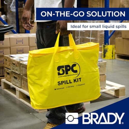 SPC® by Brady Universal Spill Kit – Anti-Pollution Kit - Portable Kit for Small Spills, Absorbs Oils, Water, Solvents & Coolants, Includes 10 Absorbent Pads, 2 Socks, Gloves & Disposal Bag — view 5