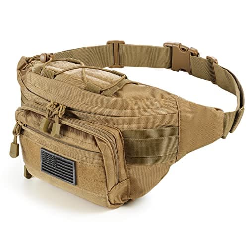 SOWHUP Tactical Fanny Pack,Military Waist Bag Pack with U.S Patch Utility Hip Belt Bumbag for Outdoor Fishing Hiking, Tan(4 Zipper Pockets), Small, Tactical Fanny Pack