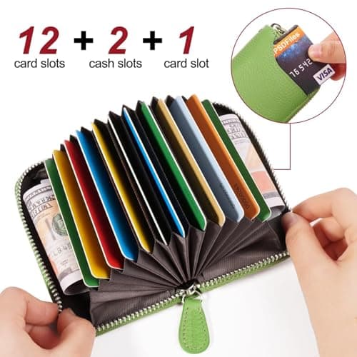 GADIEMKENSD Women Credit Card Holder Small RFID Wallet Zipper for Travel Leather Accordion Wallets Inserts Case Photo Business Cards Organizer Cute Compact Credit Card Slot Cash Slots Apple Green — view 2