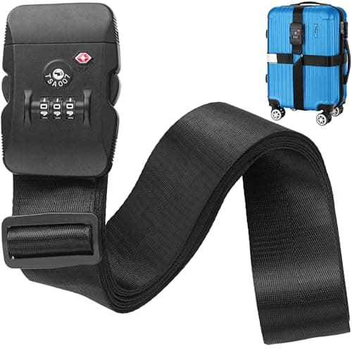 BlueCosto - Luggage Strap with TSA Lock - 2.2 to 4m Adjustable, Jet Black - TSA Approved Suitcase Security Belt with 3 Digit Combination Locking - 5cm Wide Heavy Duty Baggage Strap for Secure Travel