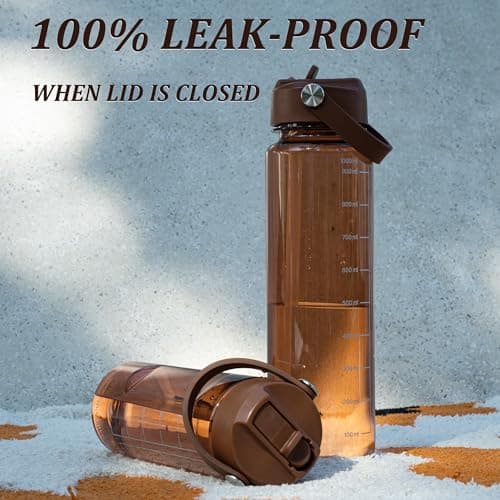 GOPPUS 1000ml/32oz Clear Water Bottle with Straw, Tritan Leakproof Sports Drinking Bottle, BPA Free Wide Mouth Gym Bottle with Handle and Measurement Marks for School, Gym, Travel (Brown) — view 5