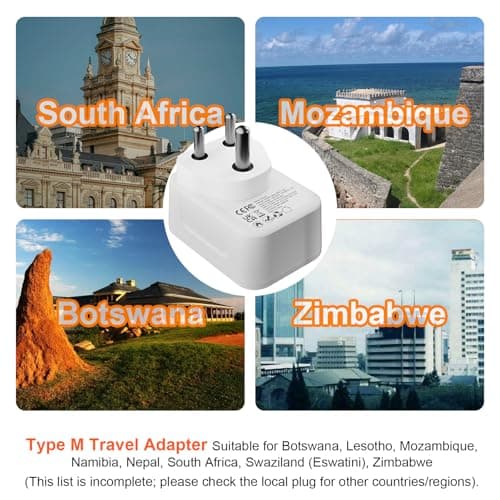 Omivine UK to South Africa Plug Adapter, 5 in 1 Type M SA Travel Power Adapter Converter mit 1 AC 2 USB-C 2 USB-A for South Africa, Lesotho, Mozambique, Namibia, Swaziland, Zimbabwe, etc (Type M) — view 4