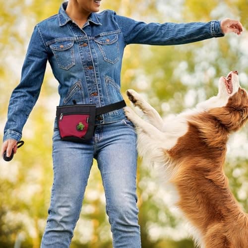 Gobeigo Dog Treat Pouch and Training Clicker, Upgrade Two Magnetic Closure to Prevent Spills, 2 Cup Treat Bag with Poop Bag Dispenser, Metal Clip Waist Belt Fanny Pack for Pet Walking(Black/Red) — view 5