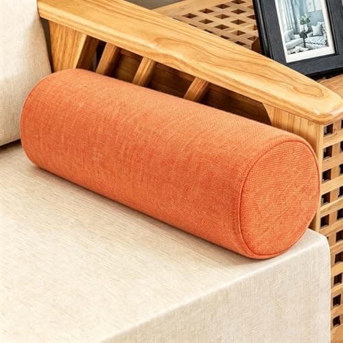 Monbaer Round Bolster Cushion, Cuddly Soft Linen Neck Pillow, Knee Roll Cushions, Round Back Lumbar Elbow Support for Armrest at Sofa & Bed, Compact and Lightweight (50x15cm,Orange)