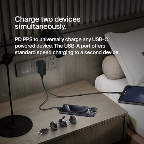 Belkin BoostCharge Hybrid Wall Charger 25W + Power Bank 5000mAh, 2-in-1 Portable Charger with USB-C PD3.0 Port & USB-A Port, Dual-Port Battery Pack, USB-C Charger, USB Plug + C to C Cable — view 3