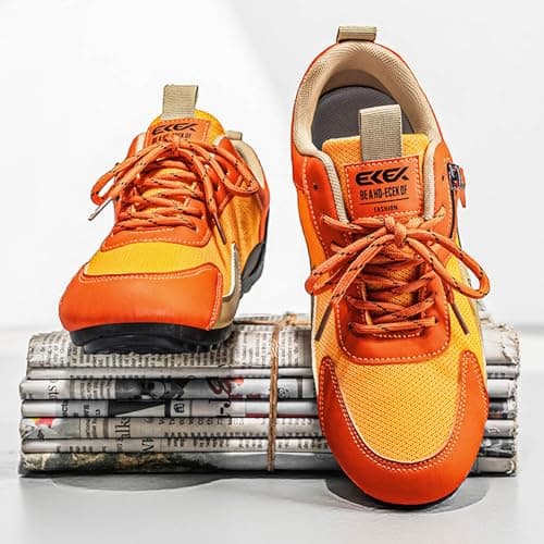 Mens Retro Colour Block Trainers Lace Up Low Top Round Toe Breathable Mesh Leather Upper Soft Cushioned Sole Lightweight Non Slip Easy On Off All Season Walking Shoes for Outdoor Hiking Travel Orange — view 6