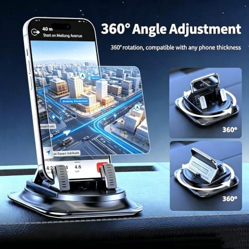 FOUDOL 360° Rotatable Car Dashboard Phone Mount, One Hand Release Auto Phone Holder, Non-Slip Gel Base Spring Clip Cell Phone Stand, Universal Compatible with iPhone Samsung All Smartphones(1pcs) — view 6