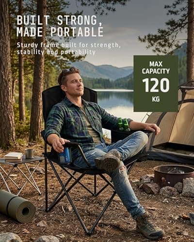 Voyager Folding Camping Chairs 2 Pack with Cooler Bag, Lightweight Q195 Steel Frame, 600D Oxford Fabric, Portable & Comfortable - Black — view 6