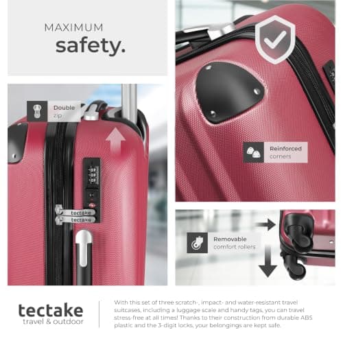 tectake® 3-Piece Hard Shell Suitcase Set in Durable & Shock-Resistant ABS with 3-Step, Telescopic Handles, Combination Locks, Smooth 360° Wheels, Luggage Scale & Tags, Dividable Interiors - Burgundy — view 5