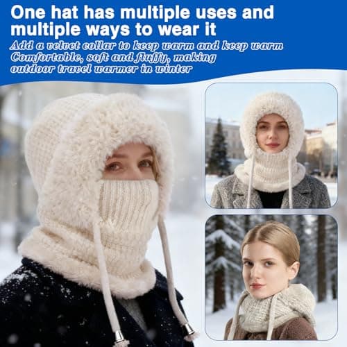 Ashloter 3 in 1 Beanie Hat for Women, 3in1 Thermal Winter Balaclava Knitted Hood with Scarf and Face Mask, Windproof Warm for Outdoor Skiing Hiking Running Skiing Cycling Ladis Men (Beige) — view 6
