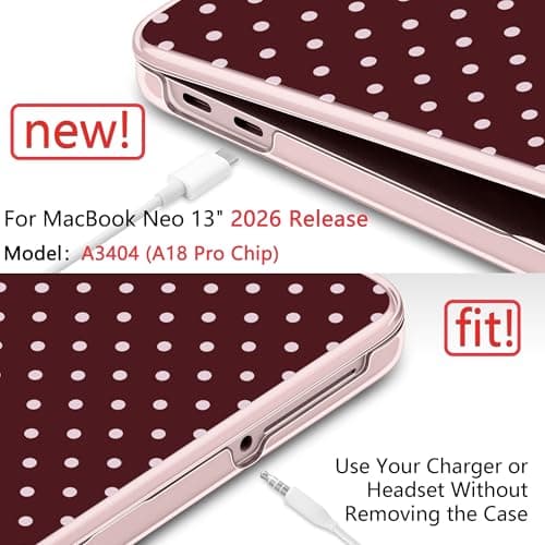 DONGKE for MacBook Neo 13 Inch Case 2026 (Model A3404, A18 Pro chip), Stylish Pattern Protective Hard Shell with Screen Protector, Keyboard Cover & USB-C Adapter - Burgundy Polka Dots — view 4