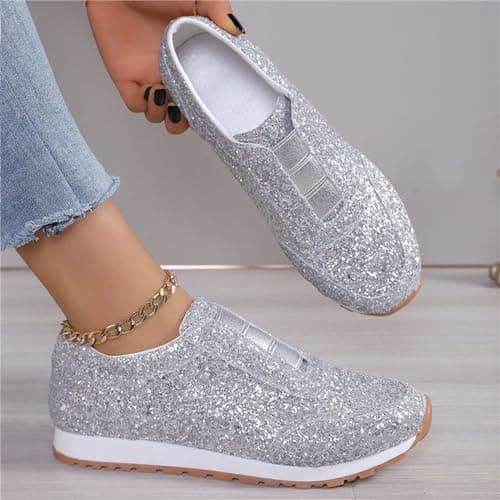 Sequin Shoes for Women Womens Glitter Slip On Trainers Breathable Silver — view 6