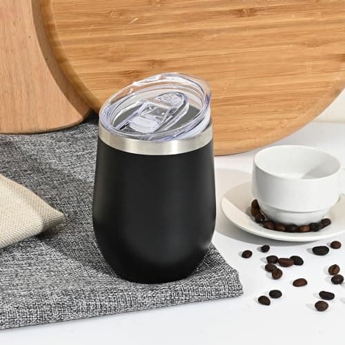 Joymaking 12oz Reusable Coffee Cup, 2 Pack Double Walled -Insulated Travel Mug Vacuum Stainless Steel Wine Tumbler with Spill Proof Lid, Great for Coffee, Tea, Milk and Wine, Black White — view 2