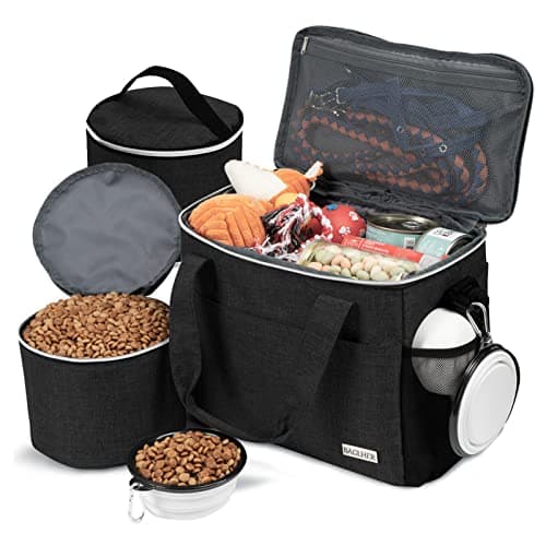 BAGLHER Dog Travel Bag Backpack Pet Supplies Backpack Pet Accessories Storage Bag 5-Piece Set With Shoulder Strap 2 Lined Pet Food Containers 4 Foldable Feeding Bowls Essential Kit for Pet travel