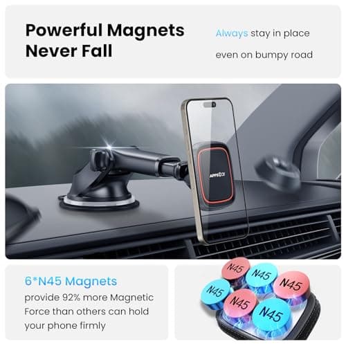 APPS2Car Magnetic Phone Car Mount, Universal Dashboard Windscreen Industrial-Strength Suction Cup Car Phone Mount Holder with Adjustable Telescopic Arm, 6 Strong Magnets for All Cell Phones — view 3