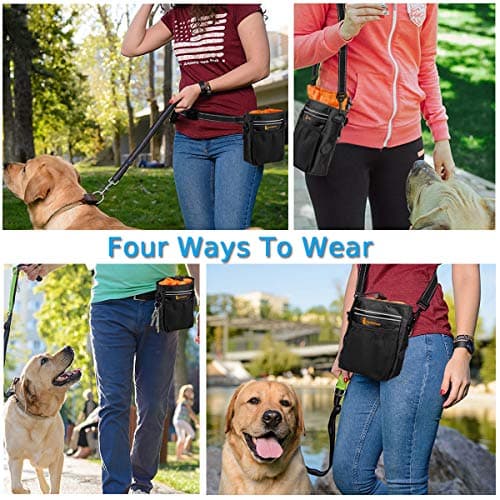 lanktoo Dog Treat Pouch Bag with Poop Bag Holder, Waterproof Puppy Training Walking Bag W/Shoulder Strap, Waist Belt and Clip, Easily Carrying Dog Toys, Food (Black+Orange) — view 6