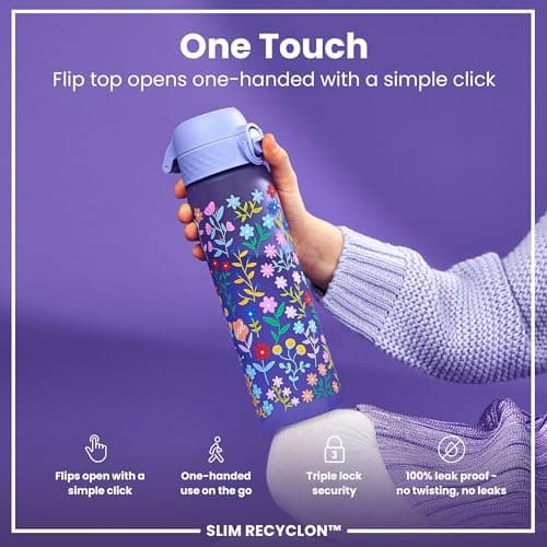 Ion8 Water Bottle, 500ml/18oz, Slim Leak Proof & BPA-Free Drinking Bottle, Secure Lock Prevents Spills, Dishwasher Safe, Carry Handle, Ideal for Adults & Kids - Travel, Gym & School, Ditsy Floral — view 3