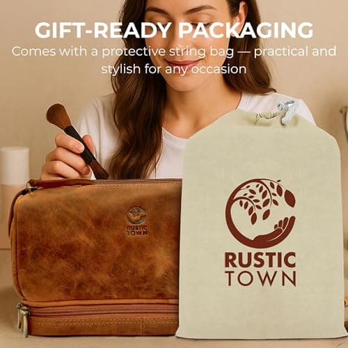 Mens Leather Toiletry Bag - Travel Wash Bag Large Bathroom Gym Toiletries Organizer Shower Makeup Bag by Rustic Town (Brown) — view 6