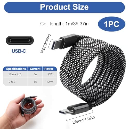 Magnetic USB C Cable 60W, Coiled USB-C to USB-C Retractable Nylon 1M — view 2
