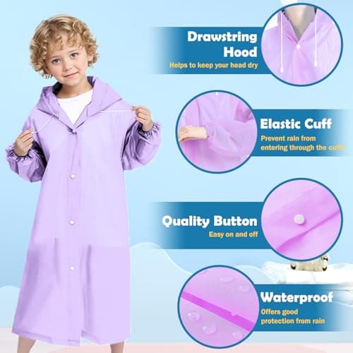 WOHSEROM 2 Pack Rain Ponchos for Kids Reusable,Thickened EVA Travel Raincoat Jacket with Hoods and Sleeves,Lightweight Light Purple Capes Ponchos for Boys and Girls Outdoor Camping Travel — view 3