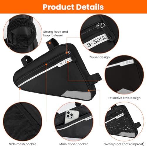 DiULi Waterproof Bike Frame Bag with Reflective Strip, Large Capacity 29x20x5cm Bicycle Triangle Bag with Rear Mesh Pocket, Cycling Frame Storage Pouch for Mountain Road Bike - Black — view 3