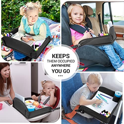INFANZIA Kids Travel Tray for Toddler Car Seat, Travel Activity Tray for Airplane, Car Seat Lap Drawing Tray, Multifunctional Car Seat Tray Table with Storage for Kids Travel Play, Black — view 2