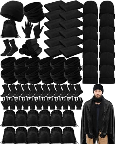 Suhine 72 Pcs Homeless Care Package Bulk Unisex Winter Gloves Beanie Hats Scarves Socks Coral Fleece Blankets Drawstring Bags, Black, Medium
