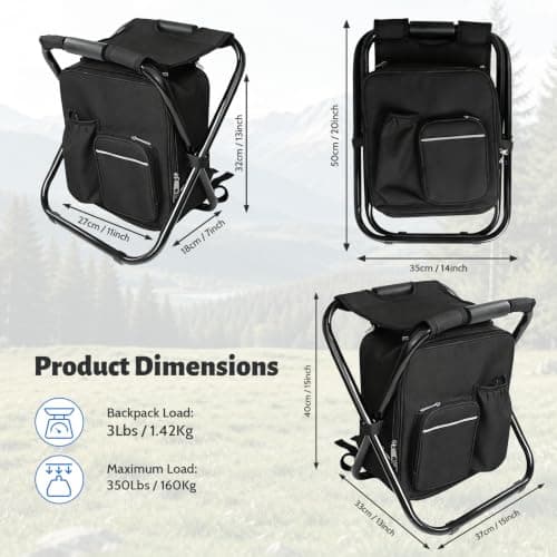 DGSL Folding Camping Chair Backpack with Insulated Cooler, Lightweight Portable Stool for Camping, Fishing, Hiking, Beach and Picnic (Black) — view 3