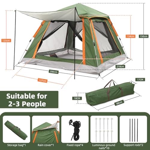 Aptliton Pop Up Tent Automatic, Camping Tent Waterproof Glow-in-the-Dark Pegs, Bug Netting & Convertible Door for Shade/Rain Protection Large 3-4 Person(200x200cm) — view 6