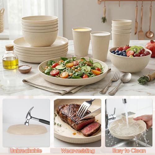 Plastic Dinner Sets for 6 People,18pcs Camping Plates and Bowls Set, Reusable Picnic Set Unbreakable Plates, Cups, Bowls for Children, Adult, Party, Home — view 5