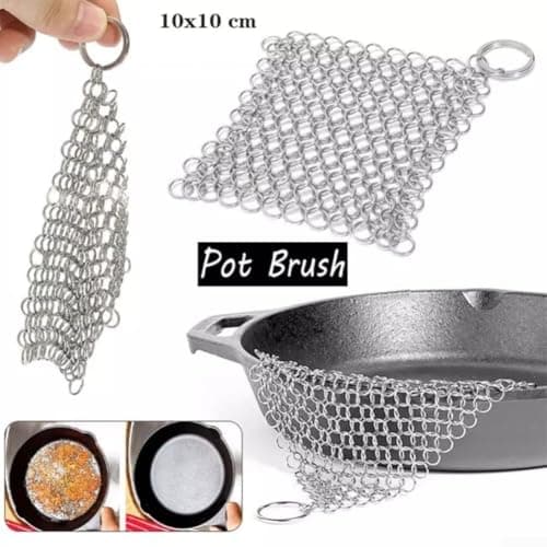 Stainless Steel Scrubber 10cm Cast Iron Cleaner Handmade Ring Chain Scrubber for Pans Non-Scratch Lightweight Metal Pot Cleaner for Camping Travel Use 10x10cm Stainless Steel Scourer for Baking Sheets — view 2
