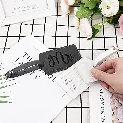 flintronic 2 Pcs Luggage Tags, Leather Baggage Labels, Suitcase ID Tag Set, Handbag Tag Labels Travel Accessories for Married Men Women Couples Wedding Travel Gift — view 6