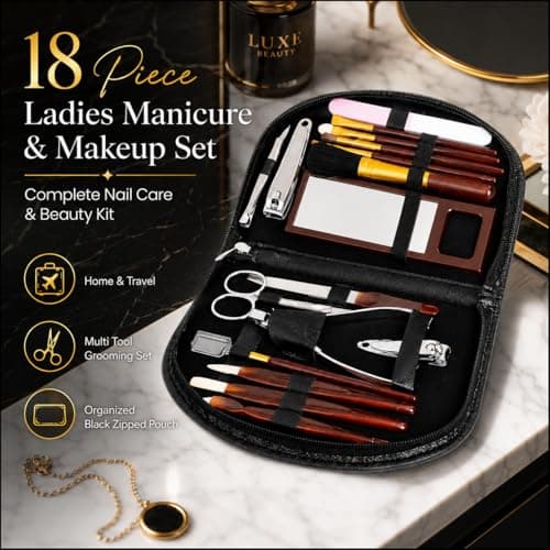 18 Piece Ladies Manicure & Makeup Set in Black Zipped Pouch – Complete Nail Care & Beauty Kit for Home & Travel – Multi Tool Grooming Set (black) — view 2