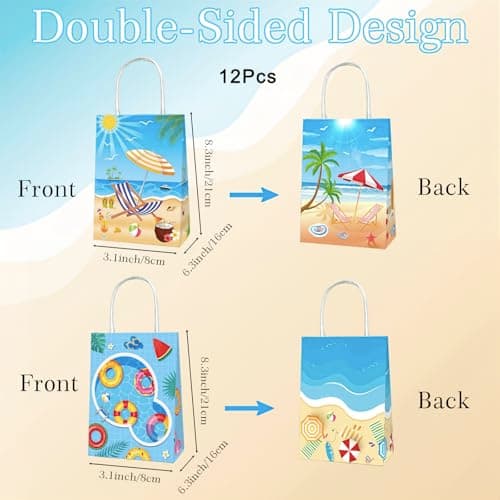 12P Summer Beach Gifts Paper Bags with Handles,Swimming Pool Theme Paper Kraft Paper Gift Bags for Smmer Pool Gift Boxe,Hawaii Candy Treat Goodie Bags for Baby Shower Birthday Pool Party Accessories — view 2