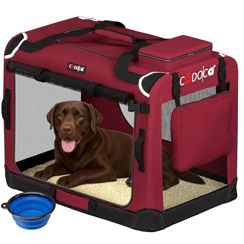 CADOCA Dog Crate Carrier, Car Foldable Travel Cage + Bowl, XXL Dark Red