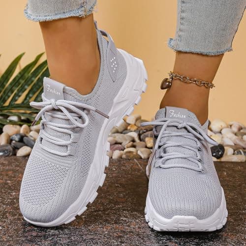 Women’s Lightweight Walking Shoes, Breathable Knit Lace Up Sneakers with Non Slip Chunky Sole, Comfortable Casual Athletic Trainers for Work, Travel, Gym and Outdoor Grey — view 5